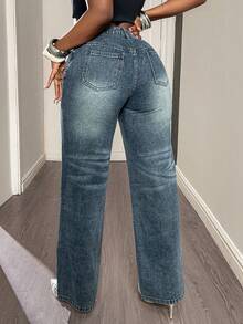 Women's Vintage Washed Mid-Waist Rhinestone Wide Leg Jeans, Shiny Full Rhinestone Loose Straight Leg Pants, Fashionable Autumn/Winter Trousers - Dark Wash - View 3