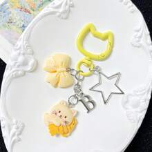 1pc Light Yellow Cute Cat Bow Keychain Keyring, Fashion Cartoon Accessory, Bag Charm, Suitable For Easter, Valentine's Day And Other Holidays - Yellow - View 2