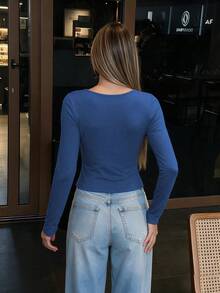 QUNGIGU Women's Square Neck Knit Long Sleeve Base Layer T-Shirt, Casual Autumn Daily Wear, Date Night Style - Blue - View 3