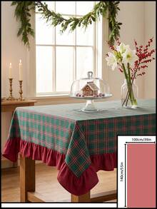 1pc Deep Green Background Red & White Striped Plaid Tablecloth, Vintage Holiday Style Fabric Material, Rectangular Red Ruffle Hem Decor, Beautify & Protect Tabletop, Suitable For Christmas, Winter Indoor Decor, Home Coffee Table - Green - View 19