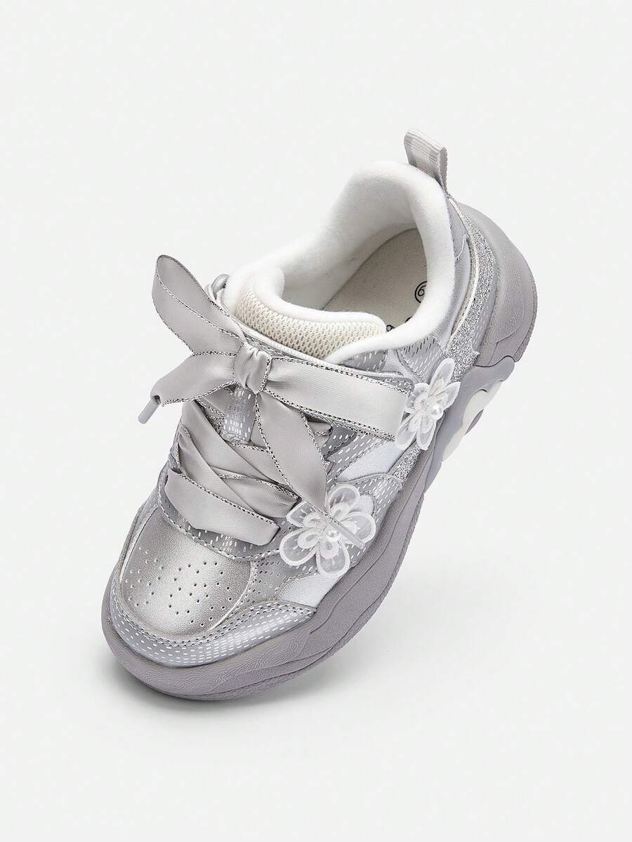 Balabala Girls Cute Floral Skate Shoes Soft Sweet Winter Kids Footwear - Smoky Silver - View 1