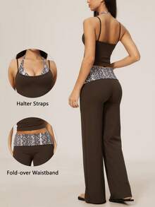 TimeOff Women's One Set Snake Skin Print 2 In 1 Patchwork V-Neck Halter Tank Top Folded Waist Wide Leg Pants Running Sports Outfit - Brown - View 10