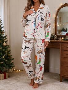 2pcs/Set Women's Christmas Long Sleeve Pajama Set, Christmas Cat Gift Pattern, 2-Piece Set, Lapel Collar Button Long Sleeve, Loose Elastic Waist Pants, Suitable For All Seasons, Home Wear, Outdoor Wear, Comfortable And Loose, New Full Print Pattern - Apricot - View 6