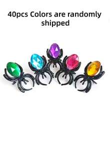 40pcs Halloween Diamond Little Spider Ring Colorful Gemstone Ring Plastic Jewelry Prank - A - View 13