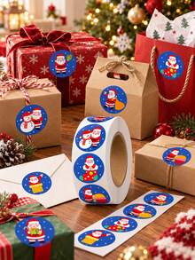 5pcs Festive Christmas Round Sticker Roll, Cute Santa Snowman Gift Sealing Labels, Holiday Party Packaging Decor, Gift Wrap Envelope Decoration Supplies - Multicolor - View 3