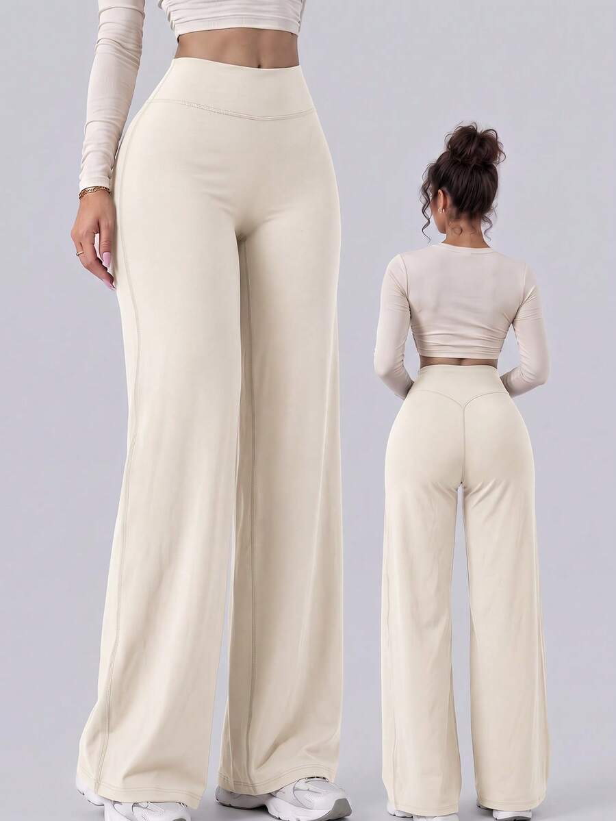Women's High Waist Flare Yoga Pants, Butt-Lifting Elastic Loose Flare Leg Sports Pants, Machine Washable, Wide Leg, Straight Leg Fall - Apricot - View 1
