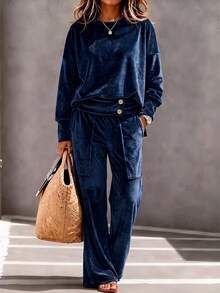 LUNNELUX Women Fall Winter Velvet 2 Pieces Set, Mock Neck Long Sleeve Sweatshirt & High Waist Cargo Pocket Wide Leg Pants, Christmas Daily Outfit - Navy Blue - View 1