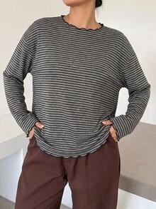 Plus Size Women Black Grey Striped Ruffle Trim Round Neck Long Sleeve T-Shirt, Fall Winter Casual Tee For Workwear, Back To School, Sports Streetwear - Grey - View 4