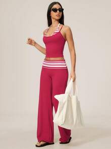 TimeOff Women's One Set Striped 2 In 1 V-Neck Halter Tank Top With Folded Waist Wide Leg Pants Running Sports Outfit - Red Violet - View 9