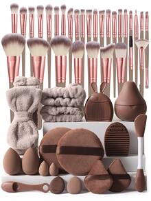 48Pcs/30Pcs/18Pcs Brown Makeup Brushes Beauty Sponges Triangle Puff Makeup Brush Cleaning Bowl Bow Headband Reusable Makeup Remover Pads Cleaning Brush Professional Makeup Tool Set For Foundation Blush Eyeshadow - Brown - View 10
