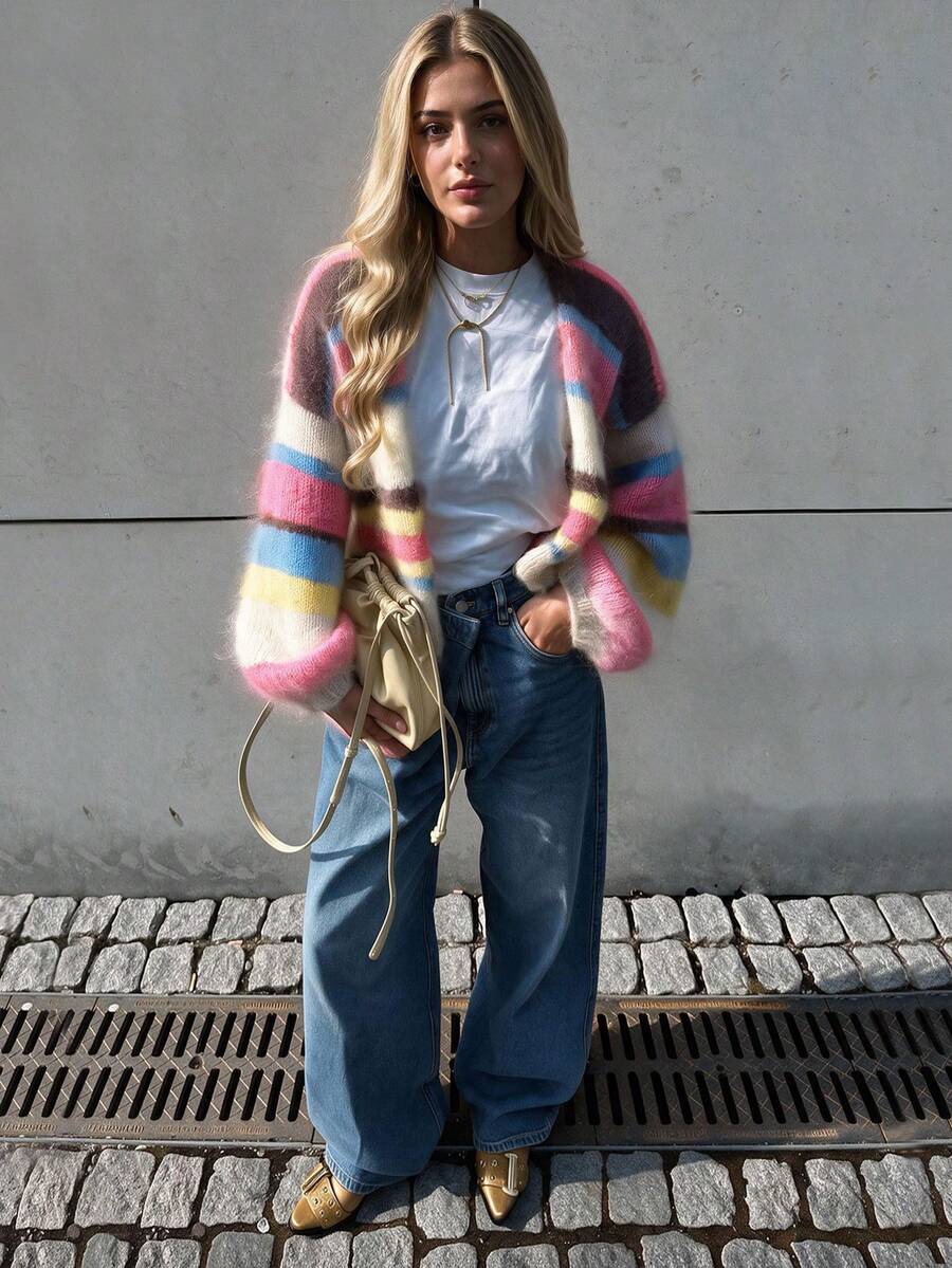 Women's Autumn Colorblock Striped Fuzzy Knit Cardigan, Soft Plush Front Open Sweater, Casual Weekend Coffee Date Street Style Jacket - Multicolor - View 1