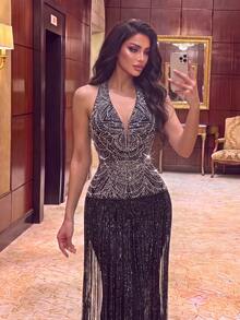 Romantic Halter Sequin Dress, Women's Sleeveless Glamorous Long Gown With Ruched Bust, Fitted Waist, And Fringe Detail - Black - View 5