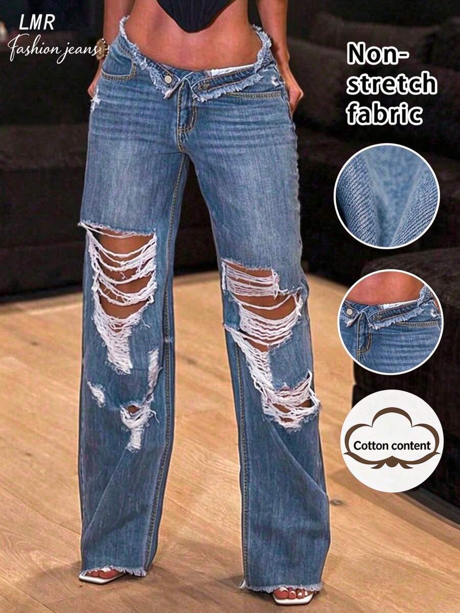 Women's Casual Versatile Sexy Ripped Straight Leg Jeans With Pockets Spring Fall