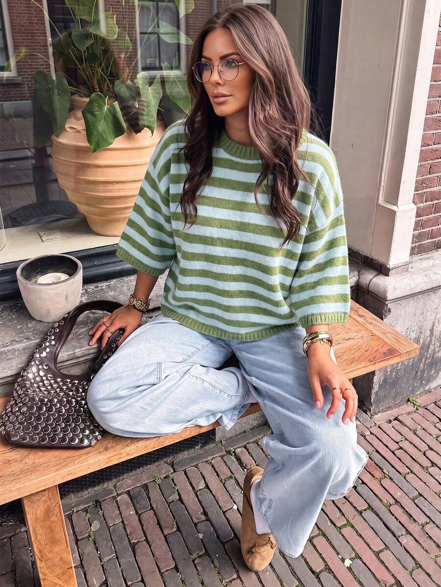FOR BEAUTY Women's New Autumn/Winter Knit Sweater, Green And Blue Striped Round Neck Mid-Sleeve Pullover, Casual Style, Suitable For Daily Wear And Commuting - Teal - View 1