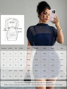 abyoxi Women's Navy Blue Mesh Patchwork, Round Neck Batwing Sleeve, Ruched Waist, Fitted Short Dress, Sexy, Spring/Summer Bodycon Mini Dress Elegant - Navy Blue - View 3