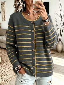 Plus Size 2026 New Striped Knit Cardigan, Long Sleeve Wooden Button Front Sweater Jacket, Casual Loose Fit Top, Suitable For Autumn/Winter Daily Wear - Dark Grey - View 3