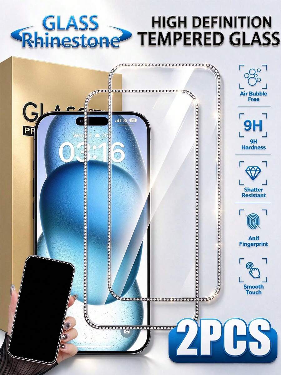 Mr. War Gorilla 2pcs [Rhinestone Design High Definition Film] Rhinestone Inlaid Sparkling, Personalized Design, Phone Screen Accessory, Precise Fit And Not Easy To Fall Off, High Definition Transparent Without Obstruction And Flaws, Anti-Collision And Scratch, Waterproof And Splash-Proof, Easy Installation. Compatible With IPhone 18promax/18pro/18/17e/17 Pro Max/17 Pro/17Air/17/16 Pro Max/16 Pro/16 Plus/16/15 Pro Max/15/14/13 And Other Models. - Clear - View 1