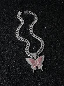 1pc Men's Full Rhinestone Cuban Link Chain Hip Hop Style Personalized Butterfly Pendant Necklace - Butterfly - View 3