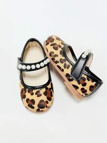 Girls' Leopard Print Pearl Decor Mary Jane Flats, Single Strap Hook & Loop Design, Round Toe, Soft Sole, Suitable For Daily Wear And Photo Matching - Yellow - View 3