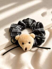 1pc Dual-Color Plaid Bear Hair Scrunchie, Versatile Large Hair Tie Suitable For Daily Wear - Multicolor - View 2