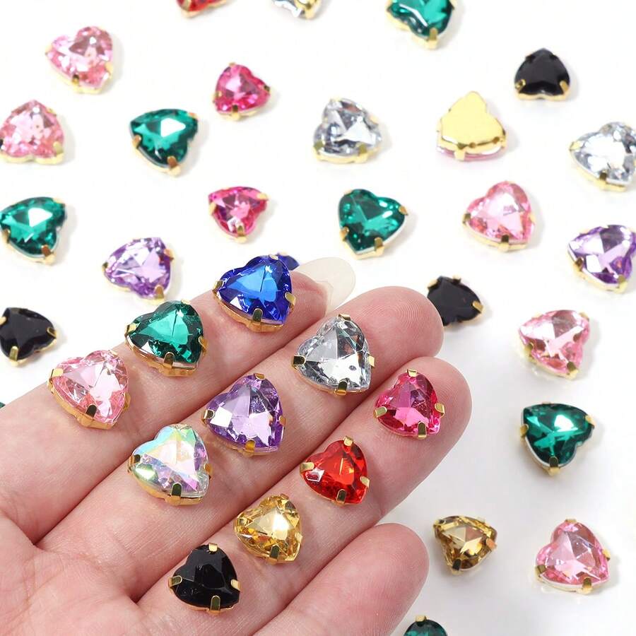 30pcs/Pack Colorful Heart-Shaped Rhinestones, 1cm/0.39in Stainless Steel Base, Heart Rhinestones, DIY Handmade Clothing, Shoes, Hats, Boxes, Packaging Decoration, Shiny Rhinestone Decoration