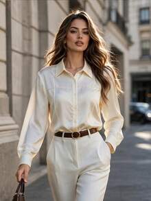 DONICY Satin Pointed Collar Stitching Detail Long Sleeve Button Shirt - Apricot - View 9