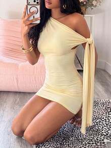 Women's Autumn Fashion Elegant Y2K Spaghetti Strap Asymmetrical Neckline Bodycon Mini Dress, Suitable For Party, Autumn Layering, Commute, Campus - Apricot - View 6