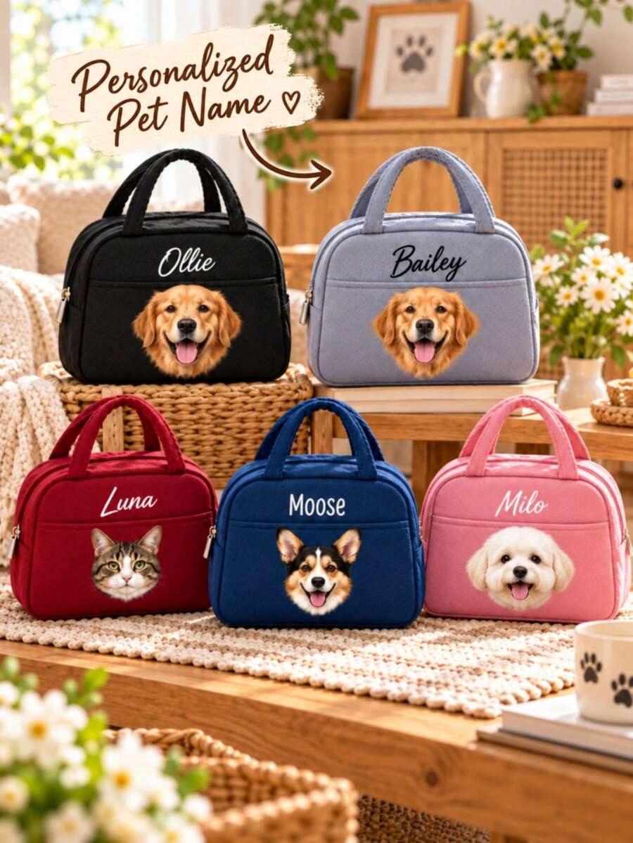Personalized Pet Photo & Name Lunch Bag/Lunch Box, Custom Corduroy Lunch Box (Customizable Name), Suitable For Work, Travel And School. Suitable For Lunch Tote Bag, Back To School Gift - Multicolor - View 1