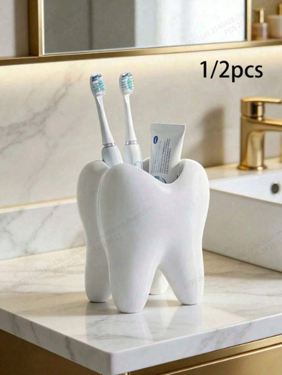 1/2pcs Toothbrush Holder With Teeth, Cute Bathroom Toothbrush Storage Cup, Suitable For Manual Toothbrush And Toothpaste, Small Dental Care Supplies, Home Bathroom Storage Organizer, Bathroom Accessories, Christmas Gift, Toothbrush Storage Rack - Multicolor - View 1