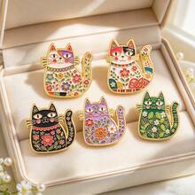 Floral Cat Enamel Pins Set, Colorful Folk Art Cat Lapel Brooches, Cute Animal Badges For Backpack Jacket Hat, Aesthetic Jewelry Gift For Cat Lovers - Multicolor - View 2
