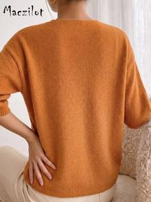 Curve Plus Size Fuzzy Mohair Knit Top, Deep V-Neck, 3/4 Sleeve, Loose Fit Autumn Casual Sweater, Suitable For Curvy Figures - Orange - View 5