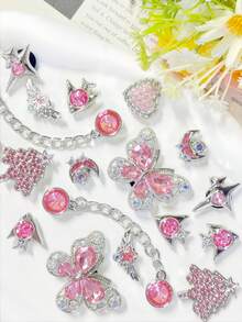 18pcs Silver Base Pink Rhinestone Chain Shoe Charms Butterfly Heart Four-Point Star Flower Detachable DIY Accessories Fit Perforated Sandals Slippers Holiday Gift - Silver Pink - View 4