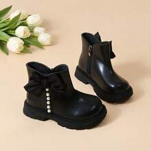 Girls' Sweet Bow & Pearl Ankle Boots, Black Round Toe Side Zipper Ankle Boots, Suitable For Birthday Party, Holiday Dress Matching - Black - View 2