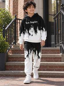 Boys' Spring/Autumn 2-Piece Set, Gradient Splatter English Print Hooded Sweatshirt + Matching Element Jogger Pants, Street Style Casual Outfit - Black and White - View 1