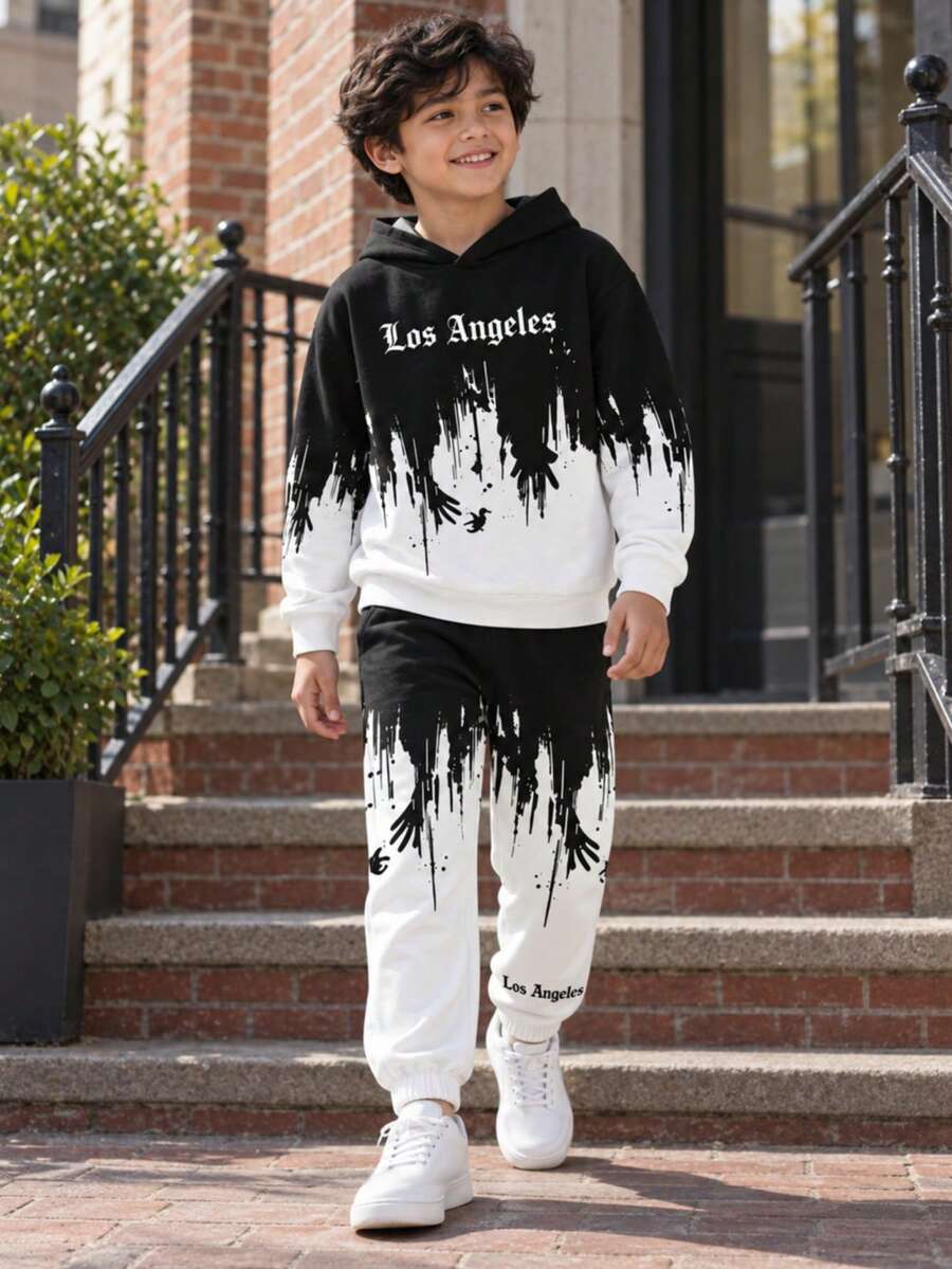 Boys' Spring/Autumn 2-Piece Set, Gradient Splatter English Print Hooded Sweatshirt + Matching Element Jogger Pants, Street Style Casual Outfit - Black and White - View 1