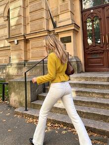 Women's Vintage Yellow Tweed Tie-Front Contrast Color Stand Collar Long Sleeve Polyester Fiber Autumn/Winter Coat - Mustard Yellow - View 2