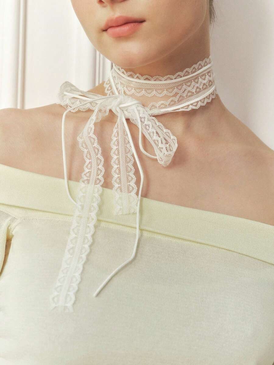 Sorayune 1pc Vintage Gothic Lace-Up Necklace For Girls, Double-Layered Bow-Knot Choker Collarbone Chain For Women Valentines - Lace - View 1