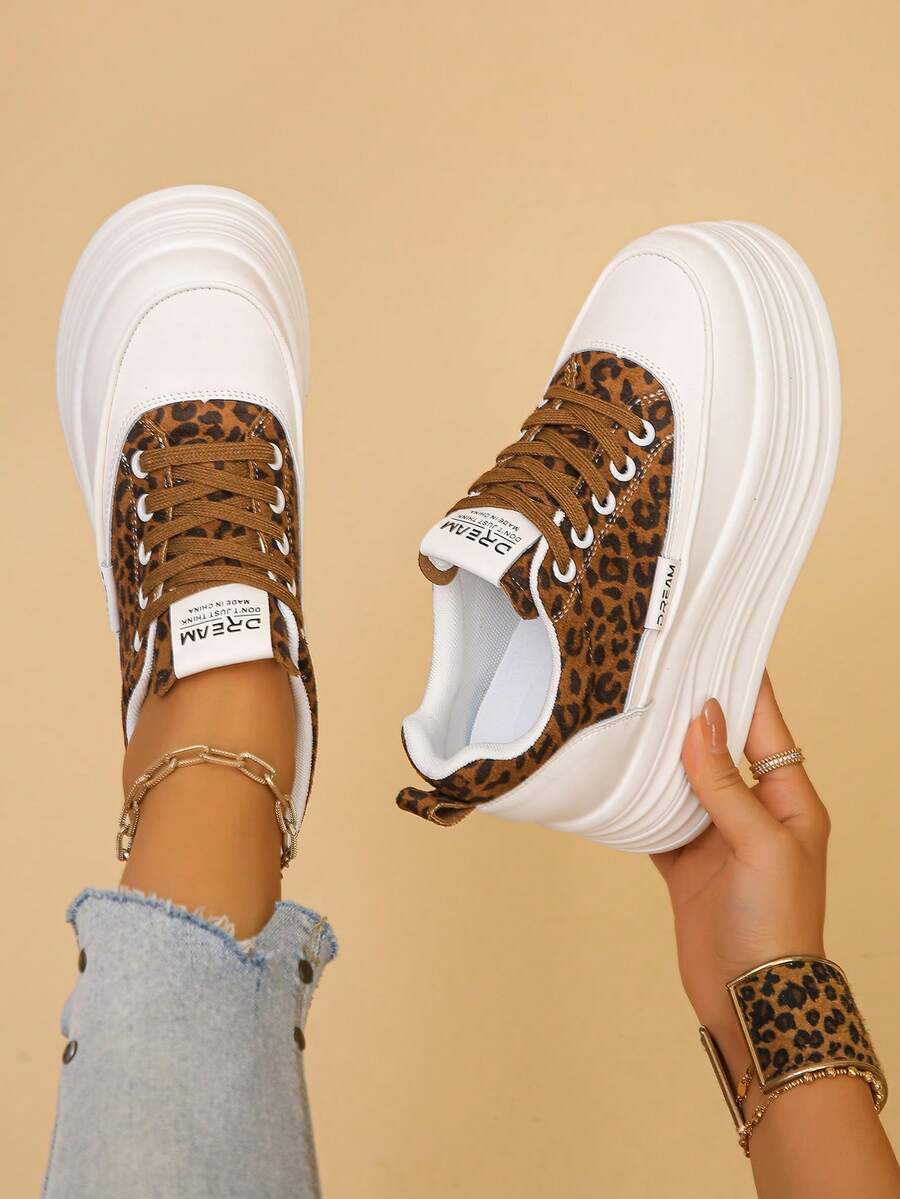 Women's Leopard Print Wedge Platform Sneakers Casual Lace-Up Shoes For Spring And Autumn - Brown - View 1