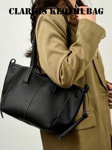 Tote Bag With Delicate Lychee Texture Fabric, Sharp Contrast Stitching Outlining The Silhouette, Enhancing Design Layering. Wide Strap Design For Comfortable Carrying, Spacious Body With Excellent Storage Capacity, Minimalist And Elegant Style, Suitable For Daily Commute, Shopping And Outings, Easily Matched With Various Outfits - Black - View 1