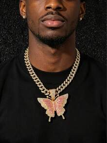 1pc Men's Full Rhinestone Cuban Link Chain Hip Hop Style Personalized Butterfly Pendant Necklace - Butterfly - View 1