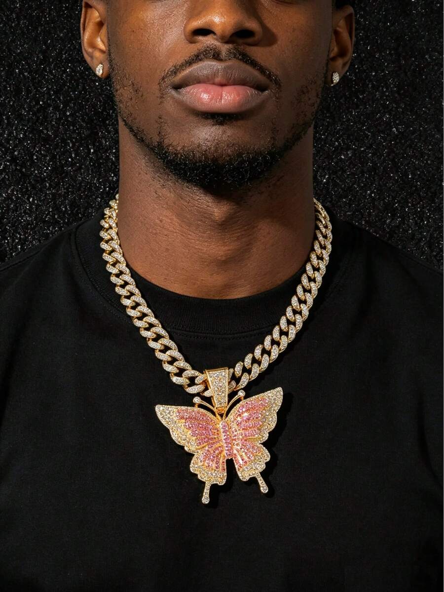 1pc Men's Full Rhinestone Cuban Link Chain Hip Hop Style Personalized Butterfly Pendant Necklace - Butterfly - View 1