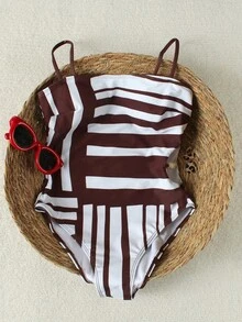 HOTTIE HABIT Women Striped One Piece Swimsuit Brown White Cut Out Side Ring Detail Slim Fit Spaghetti Strap Beach Pool Vacation Bathing Suit - Multicolor - View 2