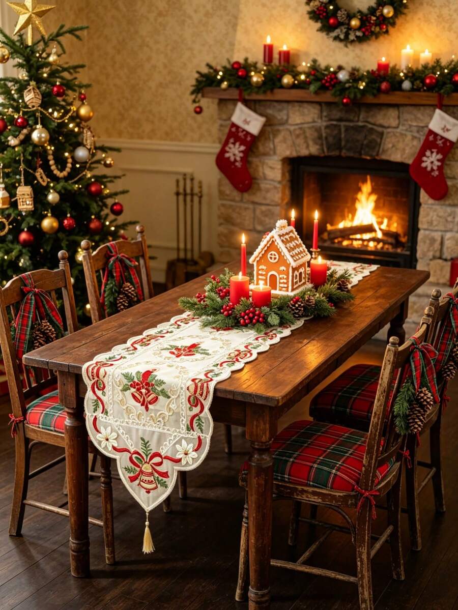 1pc 100% Polyester Embroidered Lace Christmas Table Runner With Tassels, Semi-Transparent Bell Flower Pattern, Christmas Tabletop Decor - Multicolor - View 1