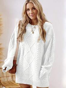 Acelitt Autumn/Winter Plus Size Women's Solid Color Knit Textured Cold Shoulder Plus Size Sweater Dress - White - View 1