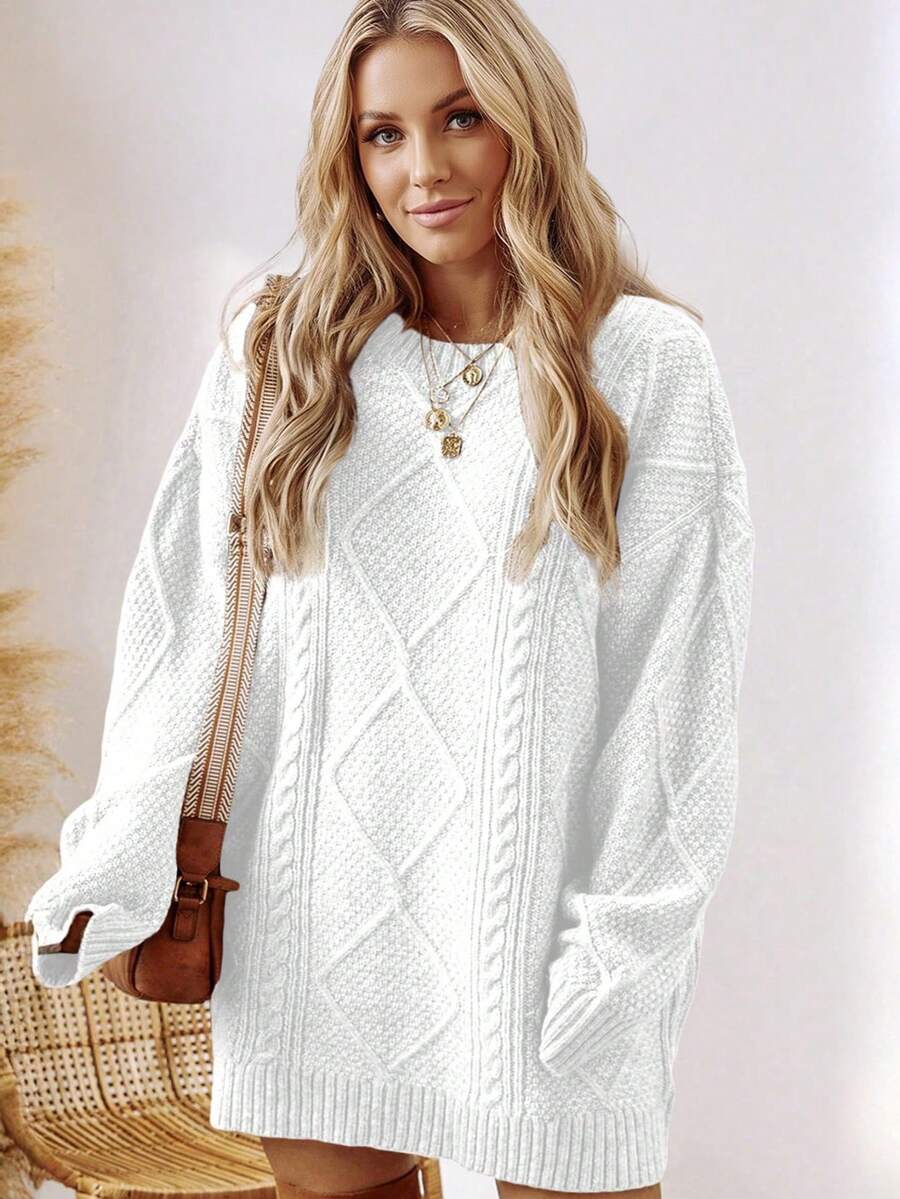Acelitt Autumn/Winter Plus Size Women's Solid Color Knit Textured Cold Shoulder Plus Size Sweater Dress - White - View 1