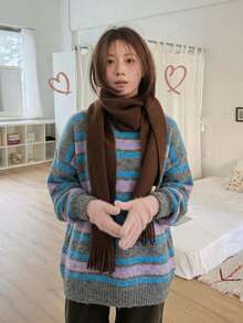 Sweater Pullover Bergaris Warna-warni Wanita Lengan Panjang Rajut Rib untuk Pakaian Sehari-hari Musim Gugur, Kain Lembut dan Elastis - Purple - View 3
