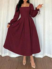 Elegant Women's Square Neck A-Line Midi Dress With Long Pleated Ruffle Sleeves, Suitable For Autumn Formal Occasions - Burgundy - View 5