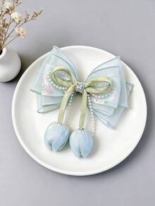 1pc Gentle Tulip Tulle Bow Hair Clip,Rhinestone Decor Side Clip,Sturdy Alligator Clip Design,Not Easy To Slip,Great For Side Hair & Half-Up Hairstyles - Multicolor - View 3