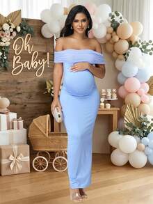 JustVH Maternity Mesh Off Shoulder Elegant Summer Sleeveless Dress For Baby Shower Photoshoot Spring Fall - Baby Blue - View 4
