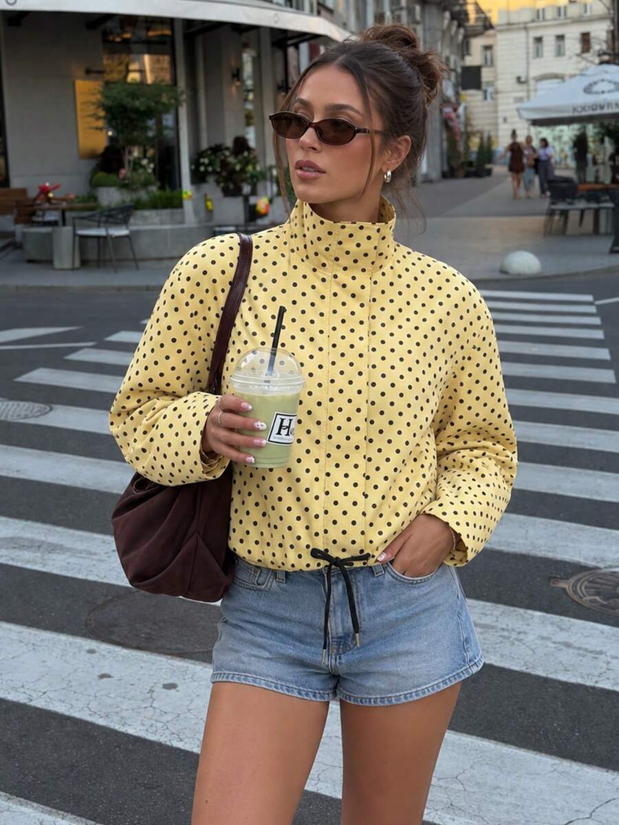 Women's Fashion Polka Dot Loose Stand Collar Casual Drawstring Zip-Up Jacket - Yellow - View 1